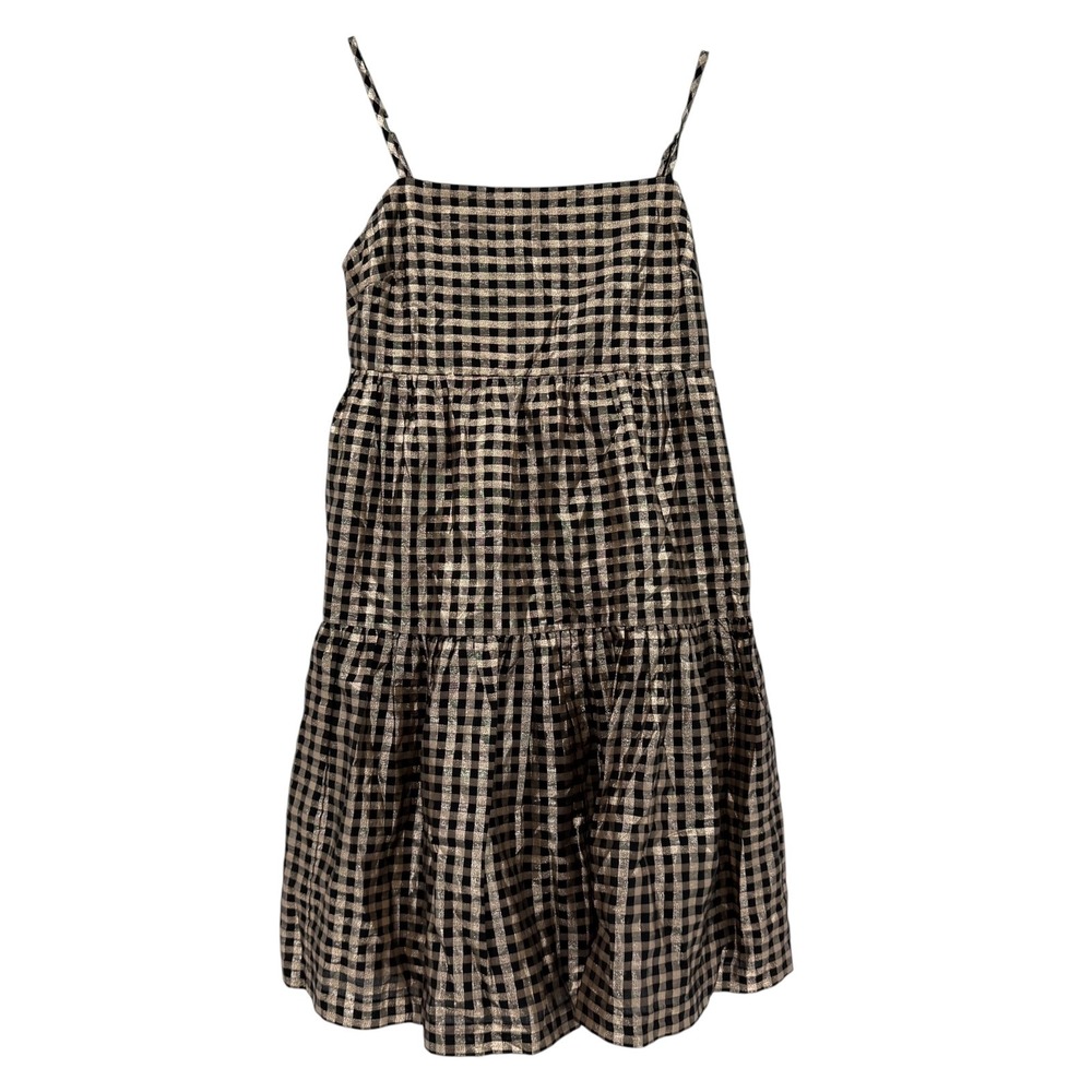 J. Crew Black Gold Lurex Metallic Gingham Tiered Mini Dress BM072 Size 4 NEW